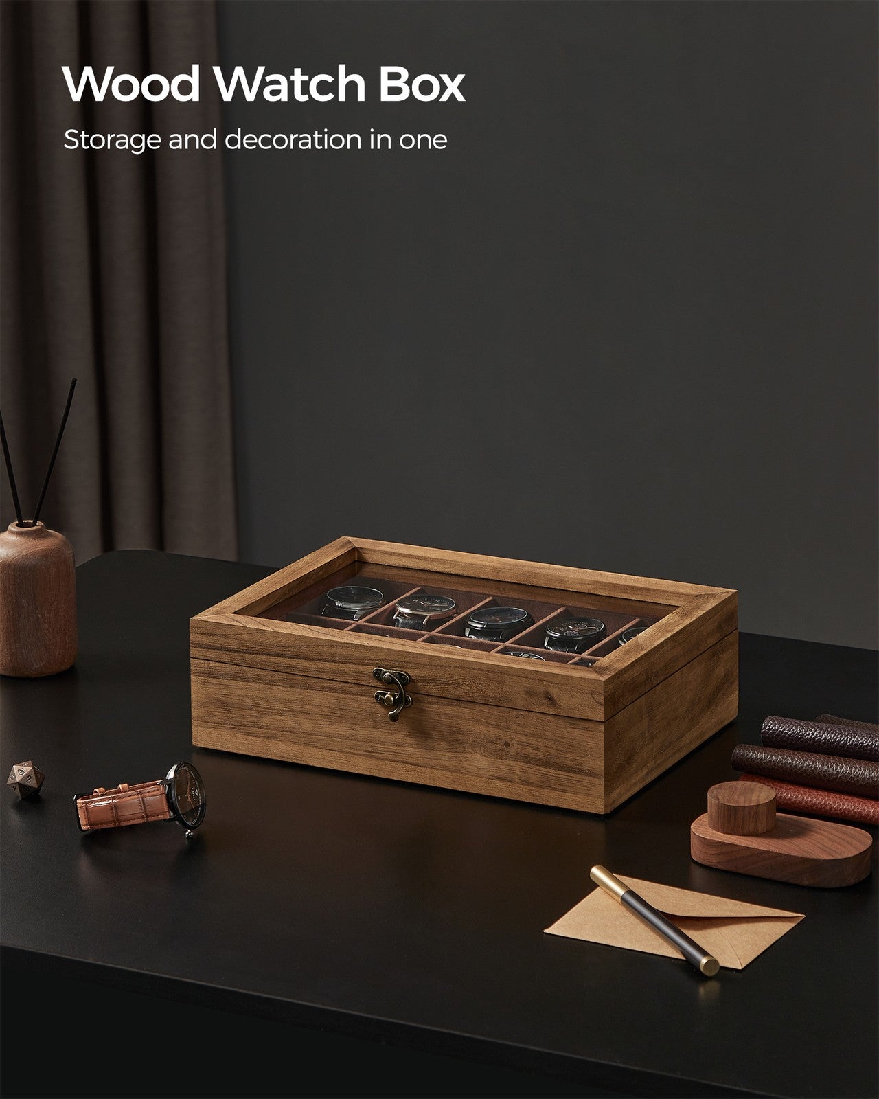 10-Slot Solid Wood Watch Box with Glass Lid - Rustic Walnut