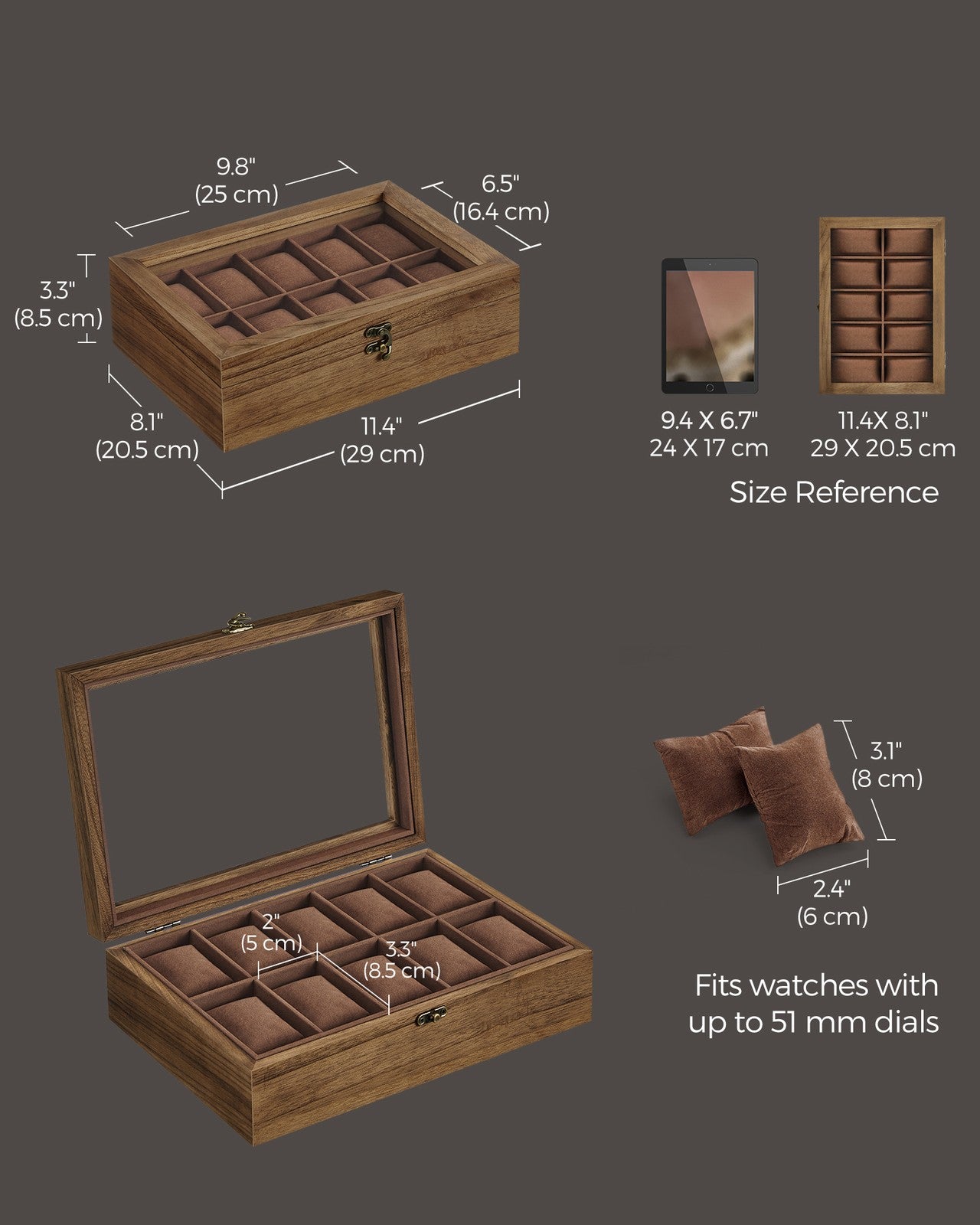 10-Slot Solid Wood Watch Box with Glass Lid - Rustic Walnut