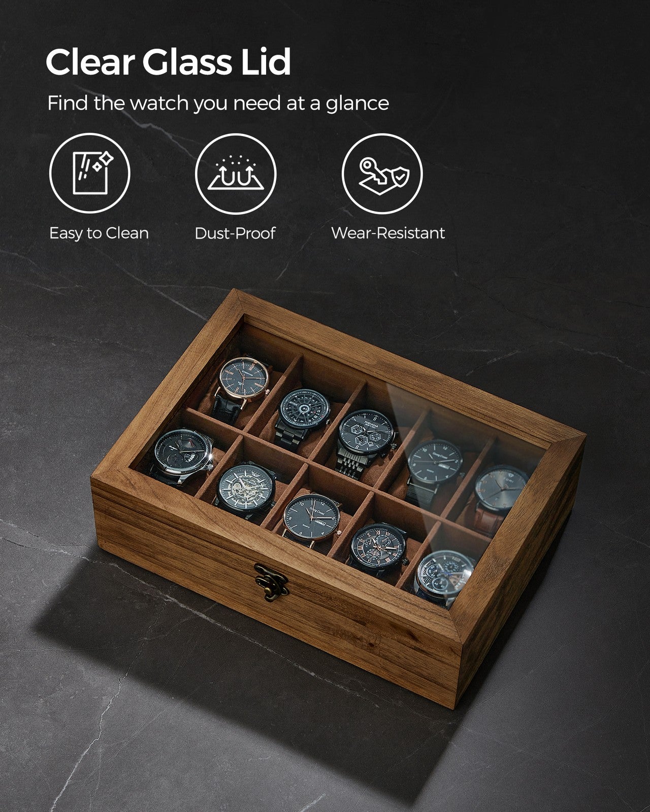 10-Slot Solid Wood Watch Box with Glass Lid - Rustic Walnut