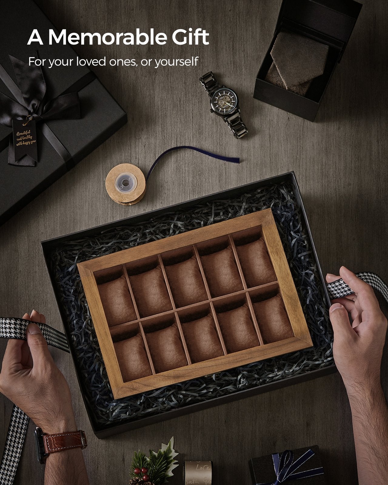 10-Slot Solid Wood Watch Box with Glass Lid - Rustic Walnut