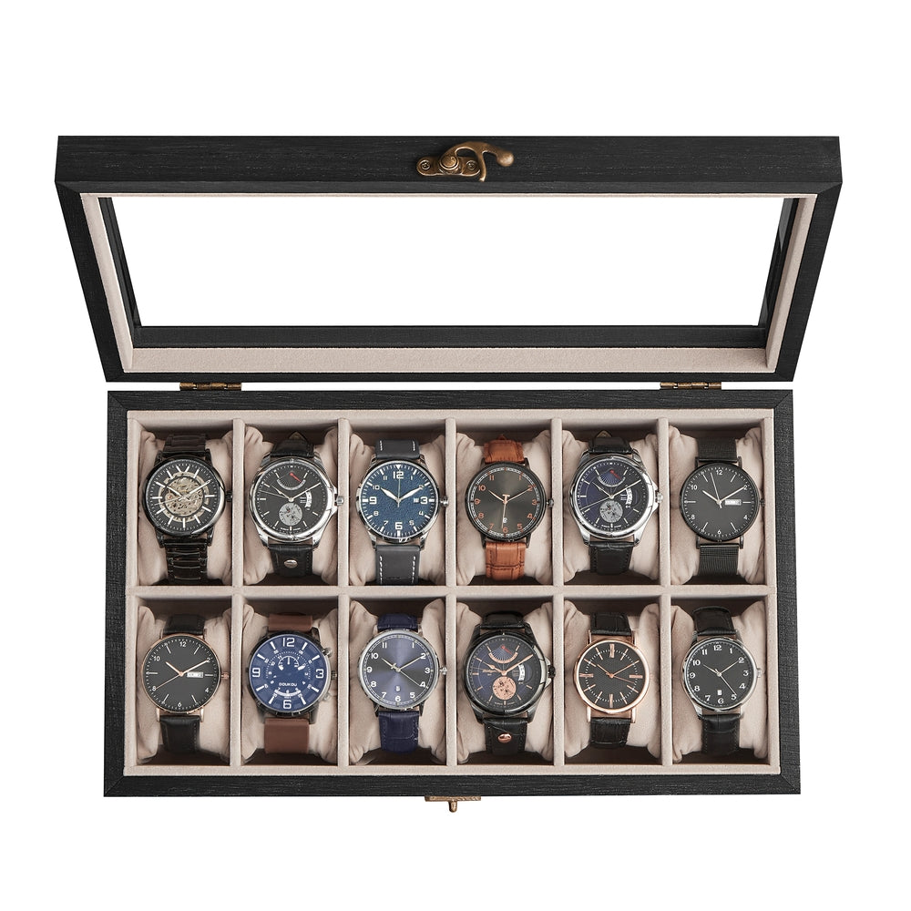 10-Slot Solid Wood Watch Box with Glass Lid - Ebony Black - 8.3”D x 13.7”W x 3.3”H