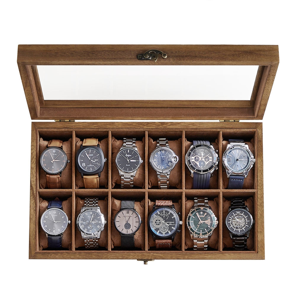 10-Slot Solid Wood Watch Box with Glass Lid - Rustic Walnut - 8.3”D x 13.7”W x 3.3”H