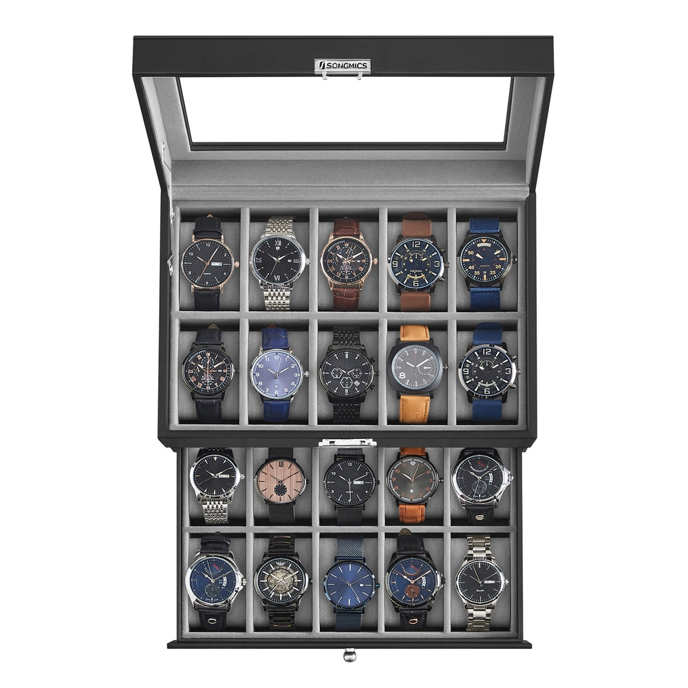 20-Slot Watch Box with Glass Lid - Black Synthetic Leather, Gray Lining - 8.1”D x 11.2”W x 6.5”H
