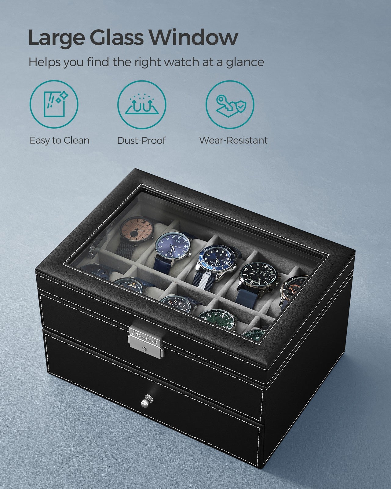 20-Slot Watch Box with Glass Lid - Black Synthetic Leather, Gray Lining