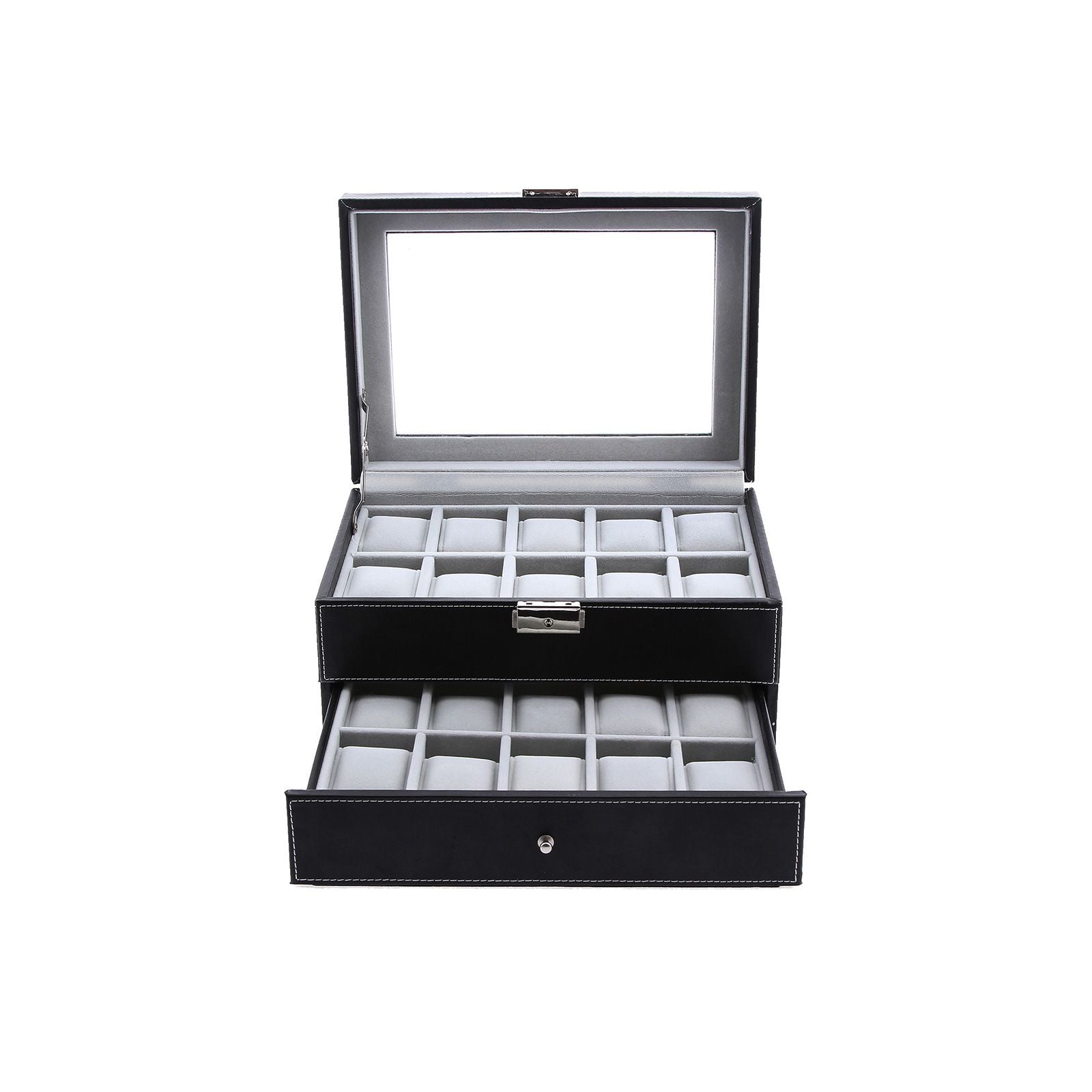 20-Slot Watch Box with Glass Lid - Black Synthetic Leather, Gray Lining