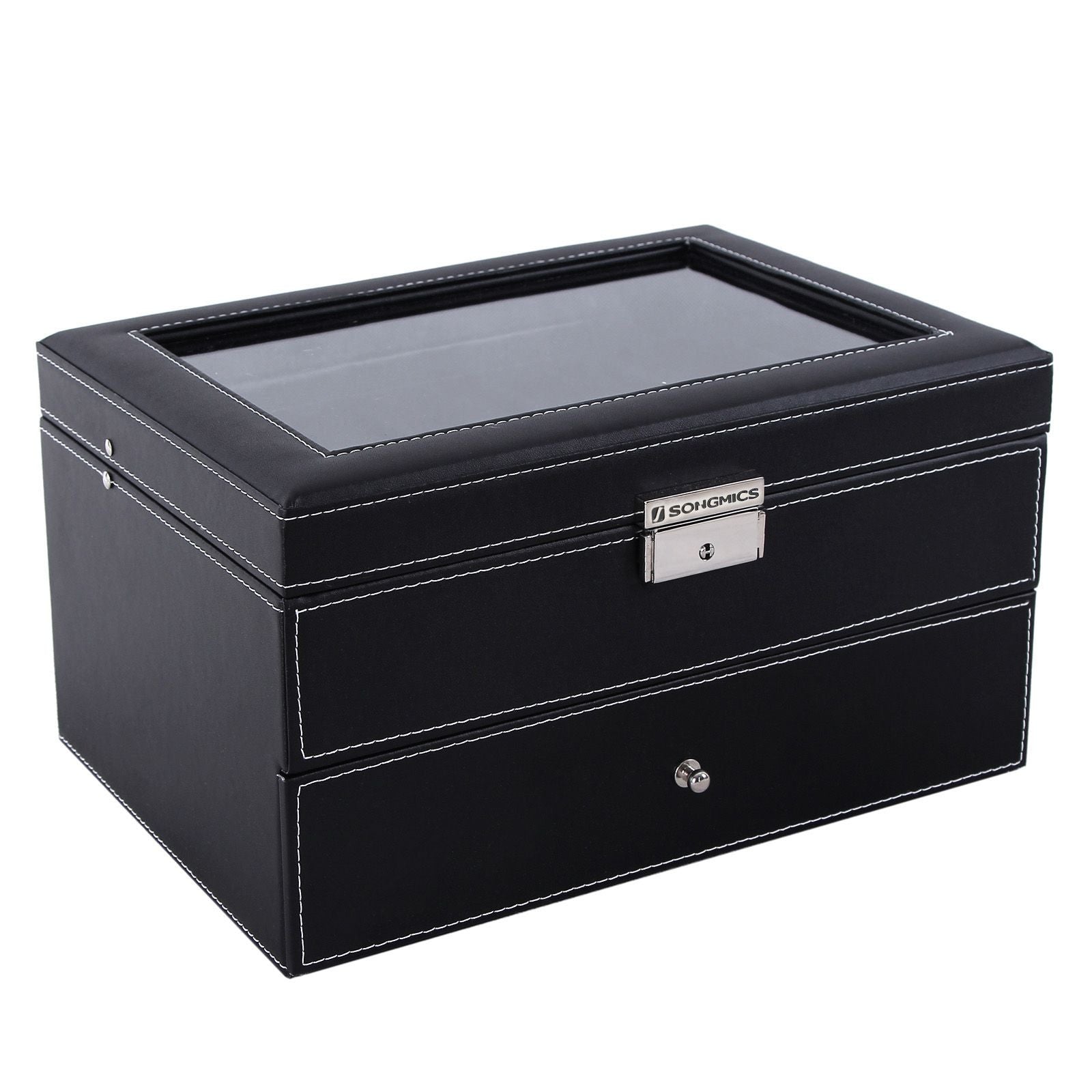 20-Slot Watch Box with Glass Lid - Black Synthetic Leather, Gray Lining