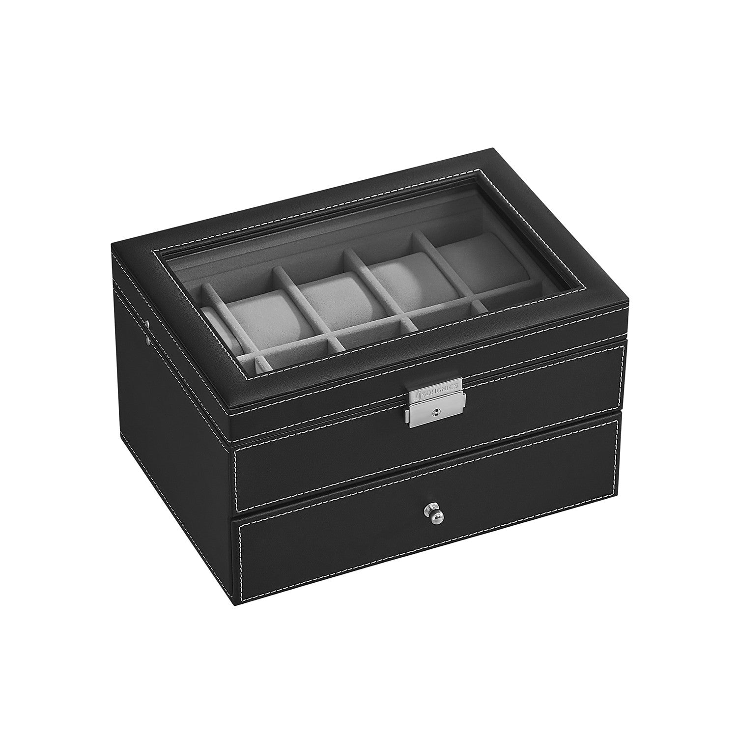 20-Slot Watch Box with Glass Lid - Black Synthetic Leather, Gray Lining