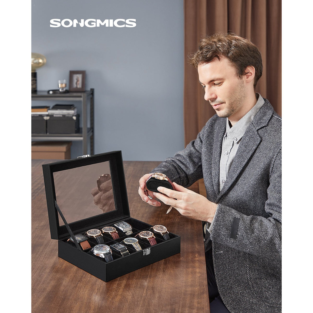 Watch Case - 10-Slot - Large Glass Lid - Velvet Lining