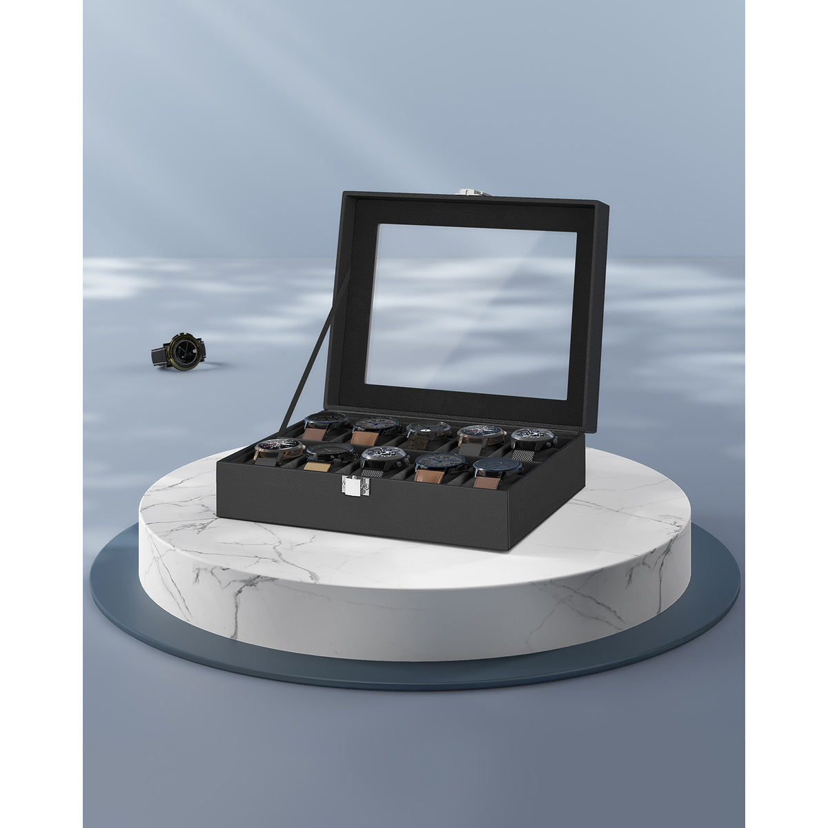 Watch Case - 10-Slot - Large Glass Lid - Velvet Lining