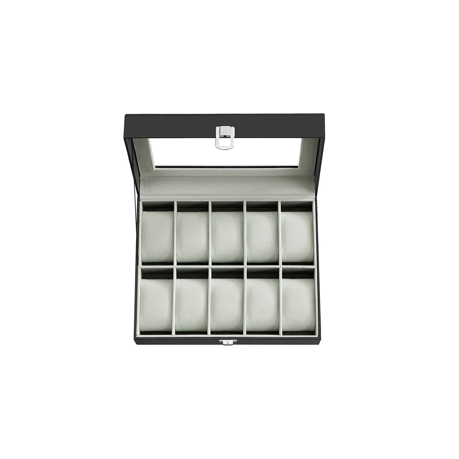 10-Slot Watch Case with Large Glass Lid - Black Synthetic Leather, Gray Lining