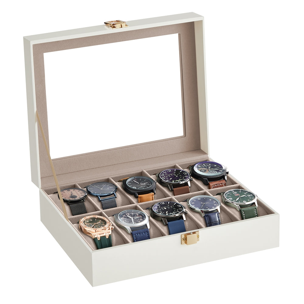 10-Slot Watch Case with Large Glass Lid - Cloud White Synthetic Leather, Cappuccino Beige Lining