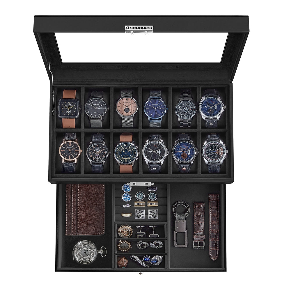 12-Slot Watch Box with Glass Lid - Black Synthetic Leather, Black Lining - 7.3”D x 12.8”W x 5.3”H