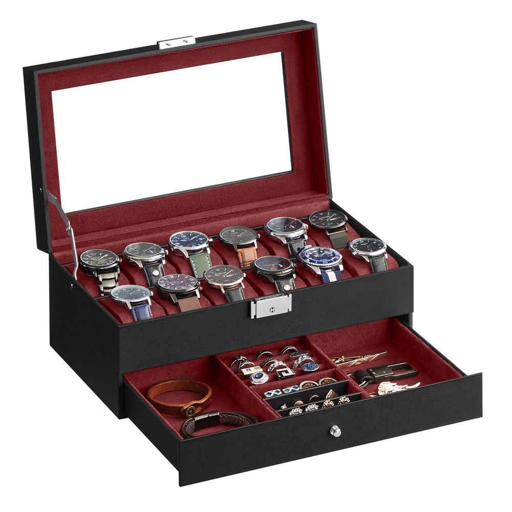 12-Slot Watch Box with Glass Lid - Black Synthetic Leather, Wine Red Lining - 7.3”D x 12.8”W x 5.3”H