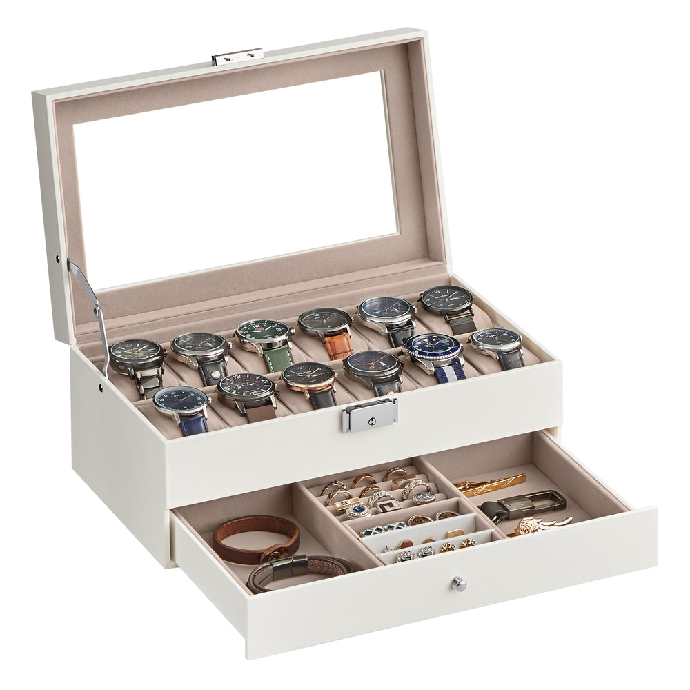 12-Slot Watch Box with Glass Lid - Cloud White Synthetic Leather, Cappuccino Beige Lining - 7.3”D x 12.8”W x 5.3”H