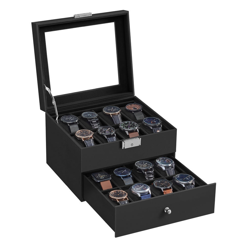 20-Slot Watch Box with Glass Lid - Black Synthetic Leather, Black Lining - 8.1"D x 9"W x 6.5"H
