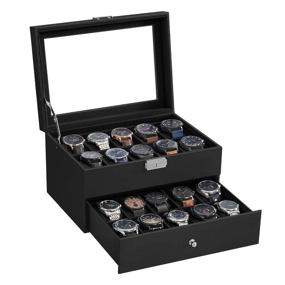 20-Slot Watch Box with Glass Lid - Black Synthetic Leather, Black Lining - 8.1”D x 11.2”W x 6.5”H
