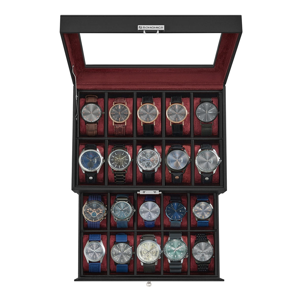 20-Slot Watch Box with Glass Lid - Black Synthetic Leather, Wine Red Lining - 8.1”D x 11.2”W x 6.5”H