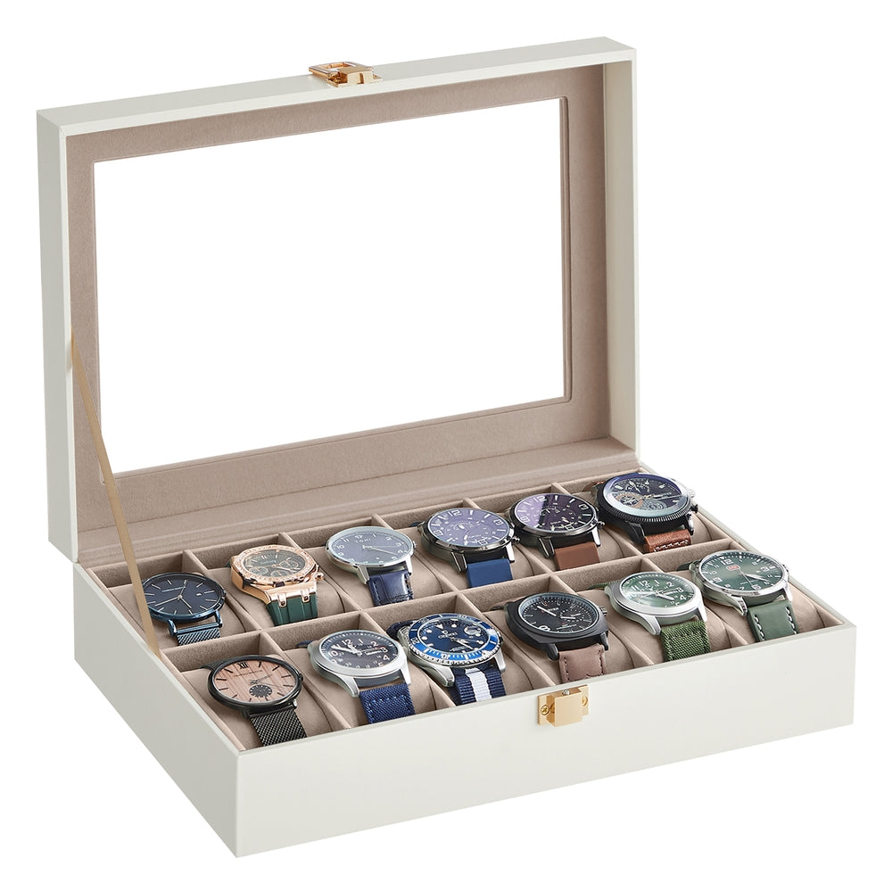 6-Slot Watch Case with Large Glass Lid - Cloud White Synthetic Leather, Cappuccino Beige Lining - 8”D x 11.9”W x 3.1”H