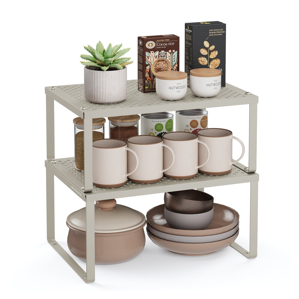 Spice Rack Set - Stackable Shelf Organizers - Black - Oatmeal Beige