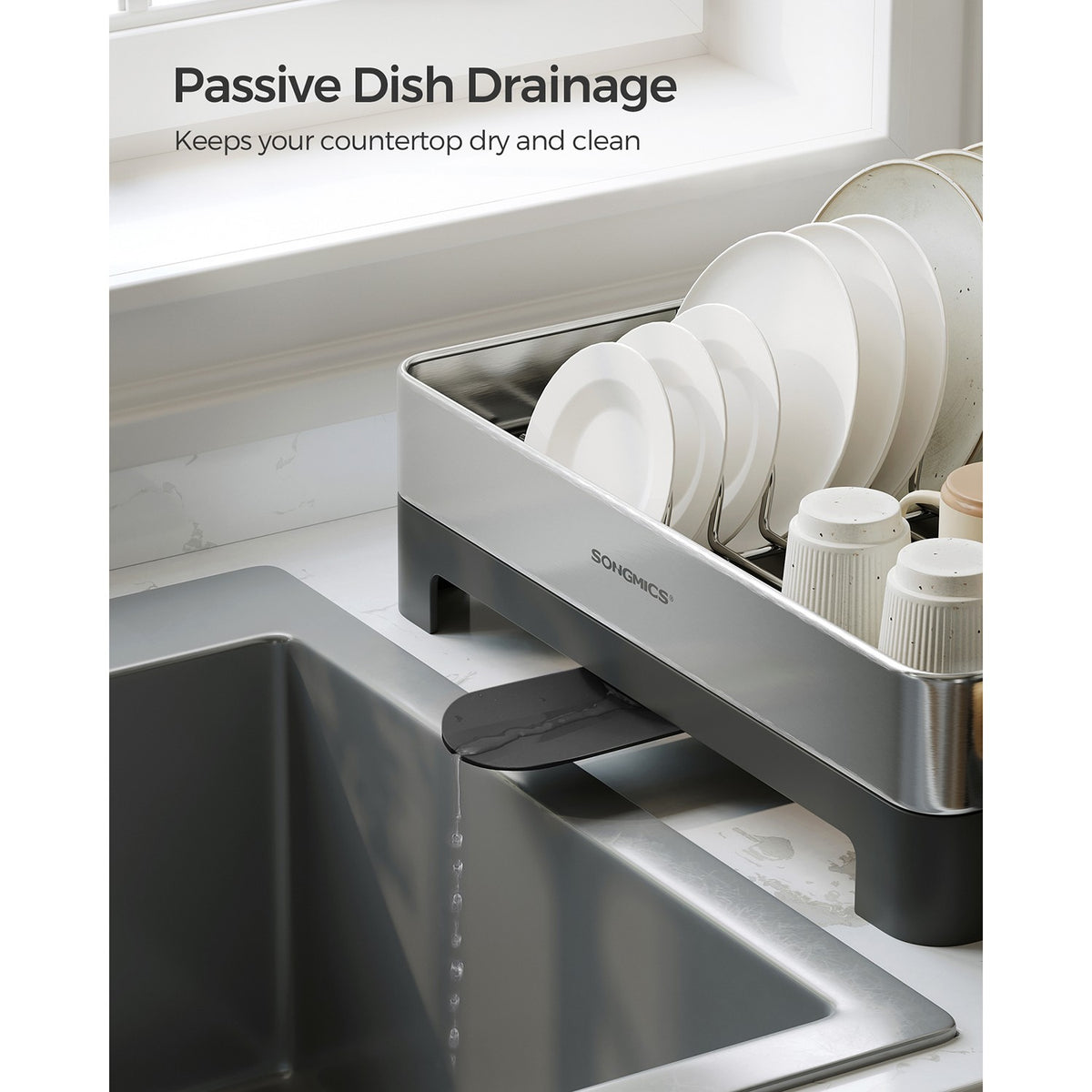 Premium Stainless Steel Dish Rack with Rotatable Spout - Silver, Black