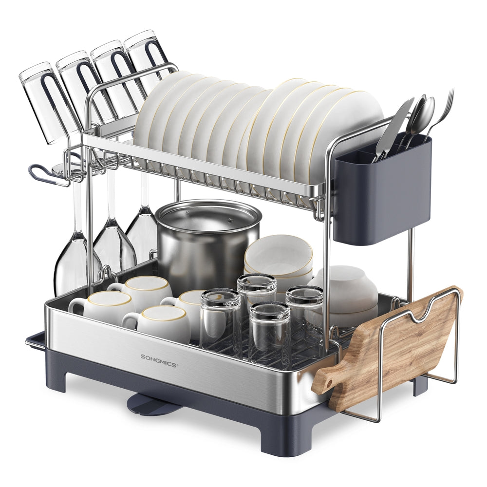 2 Tier Dish Rack for Kitchen Counter with Rotatable and Extendable Drain Spout - Silver, Black