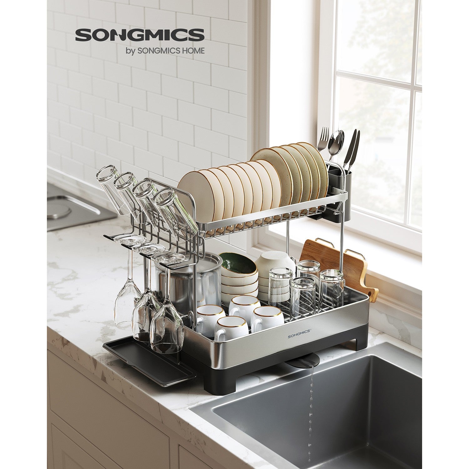 2 Tier Dish Rack for Kitchen Counter with Rotatable and Extendable Drain Spout - Silver, Black