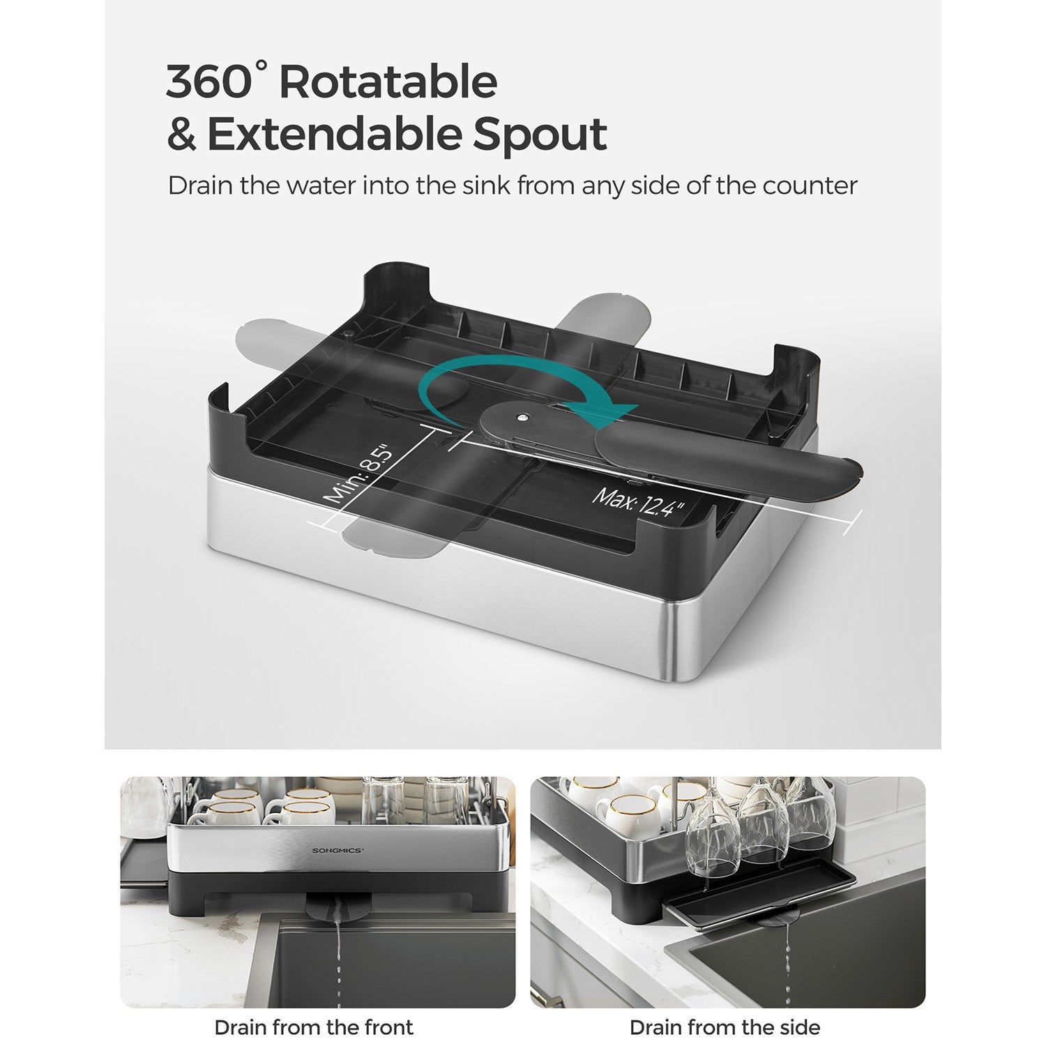 2 Tier Dish Rack for Kitchen Counter with Rotatable and Extendable Drain Spout - Silver, Black