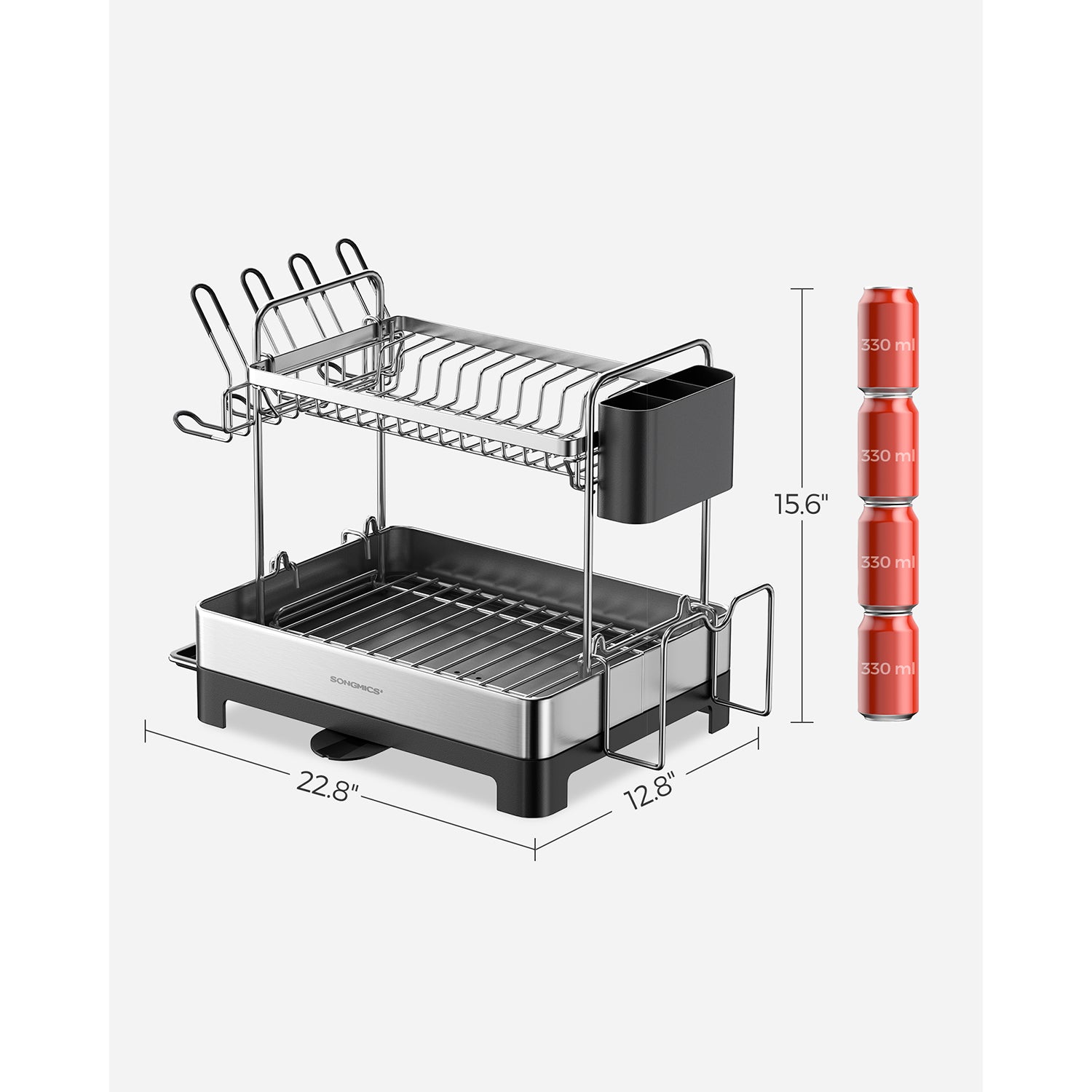 2 Tier Dish Rack for Kitchen Counter with Rotatable and Extendable Drain Spout - Silver, Black