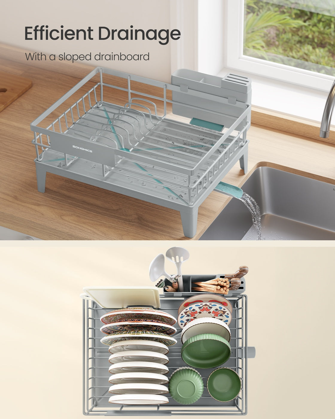 Dish Drying Rack - Kitchen Dish Rack - with Drainboard - 360° Rotatable and Extendable Spout Dove Gray - Dove Gray