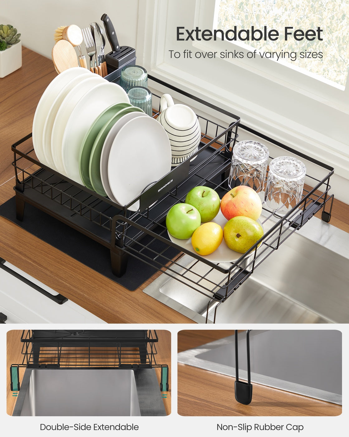 Kitchen Dish Rack with Drainboard and Extendable Spout Ink Black - Ink Black