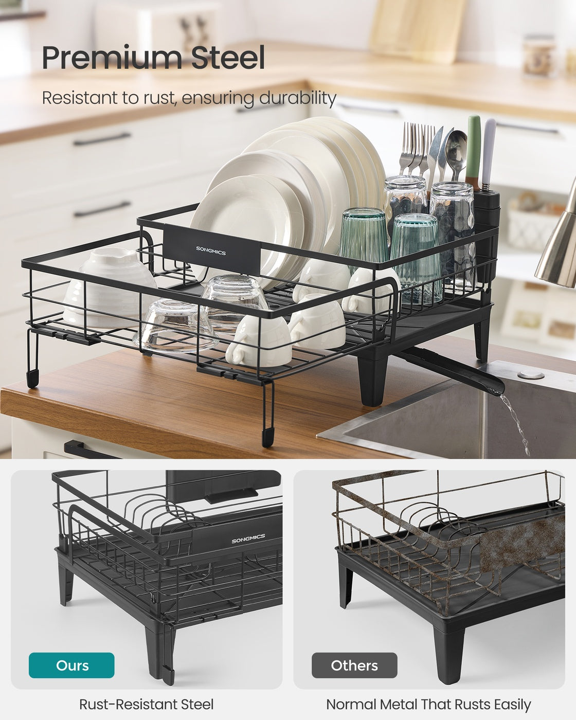 Kitchen Dish Rack with Drainboard and Extendable Spout Ink Black - Ink Black