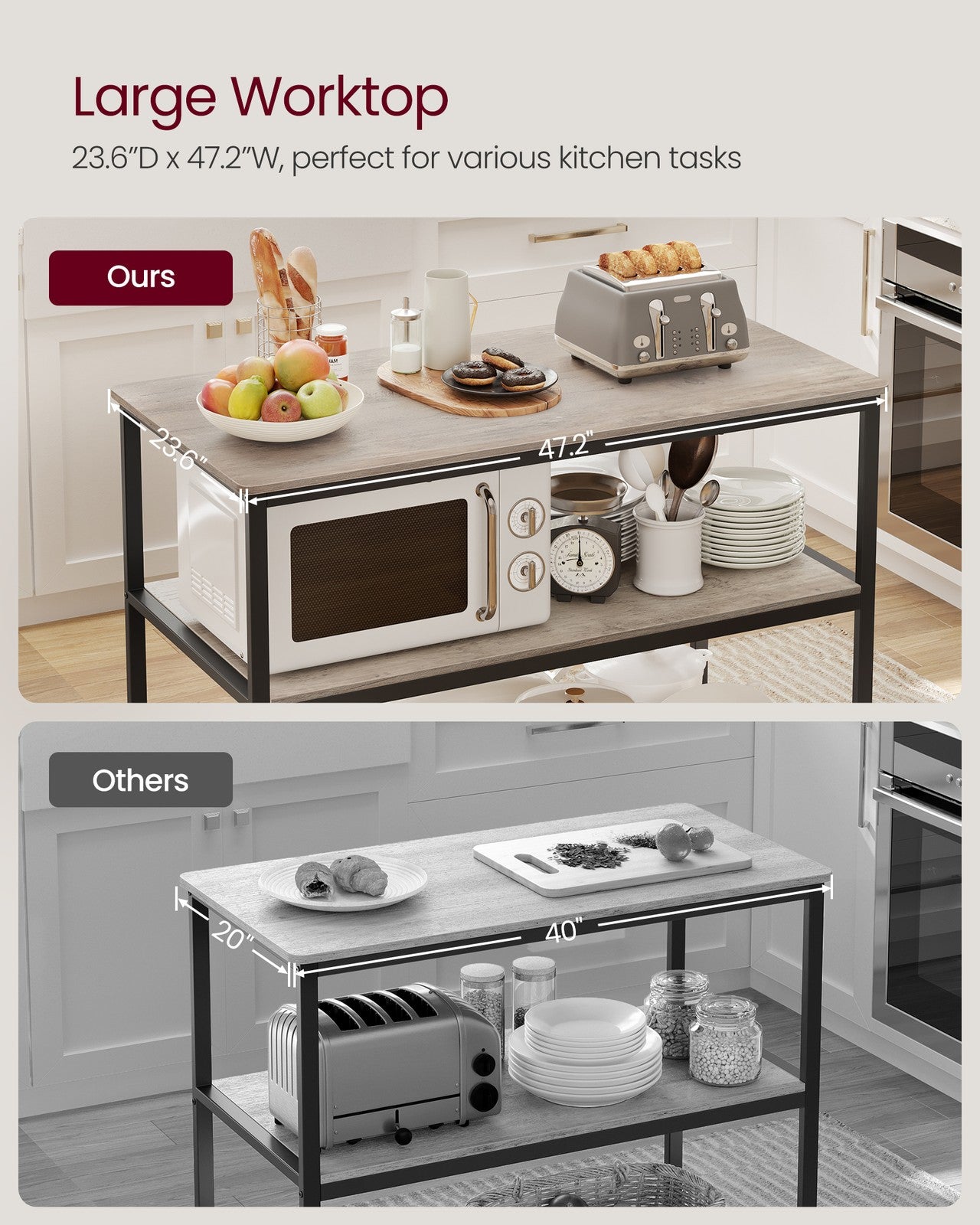47.2 Inches Kitchen Shelf with Large Worktop - Greige, Black