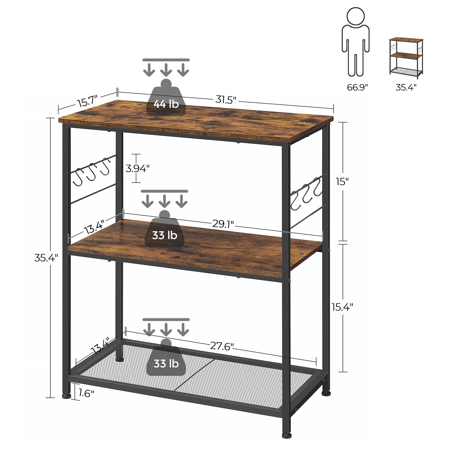 Baker’s Rack with 3 Open Shelves and Metal Frame