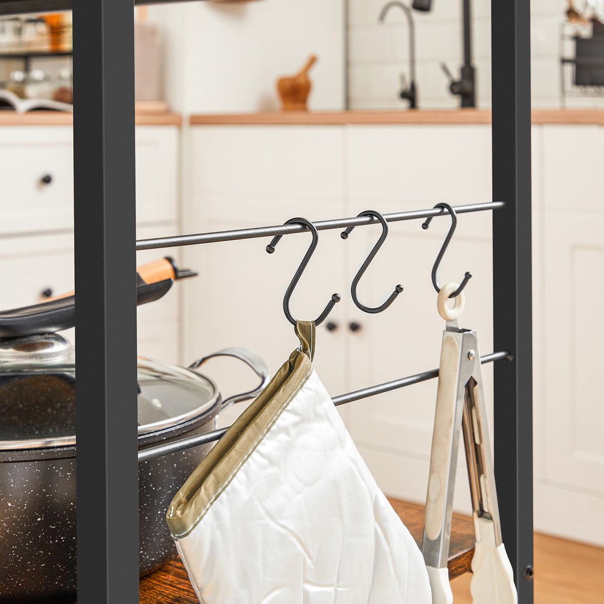 Baker's Rack - 3 Open Shelves - Metal Frame - 6 Hooks