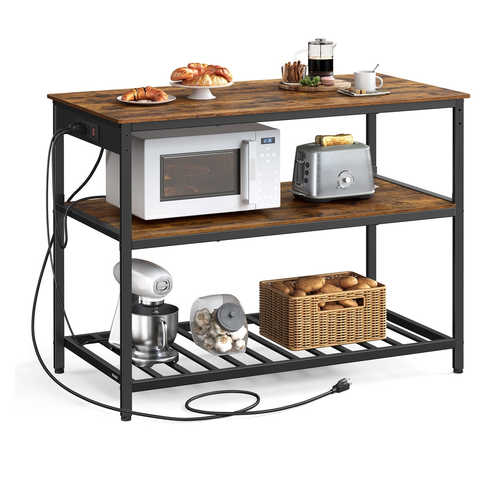 Kitchen Island with 3 Shelves and Power Strip - Rustic Brown, Black - 23.6”D x 47.2”W x 34.9”H