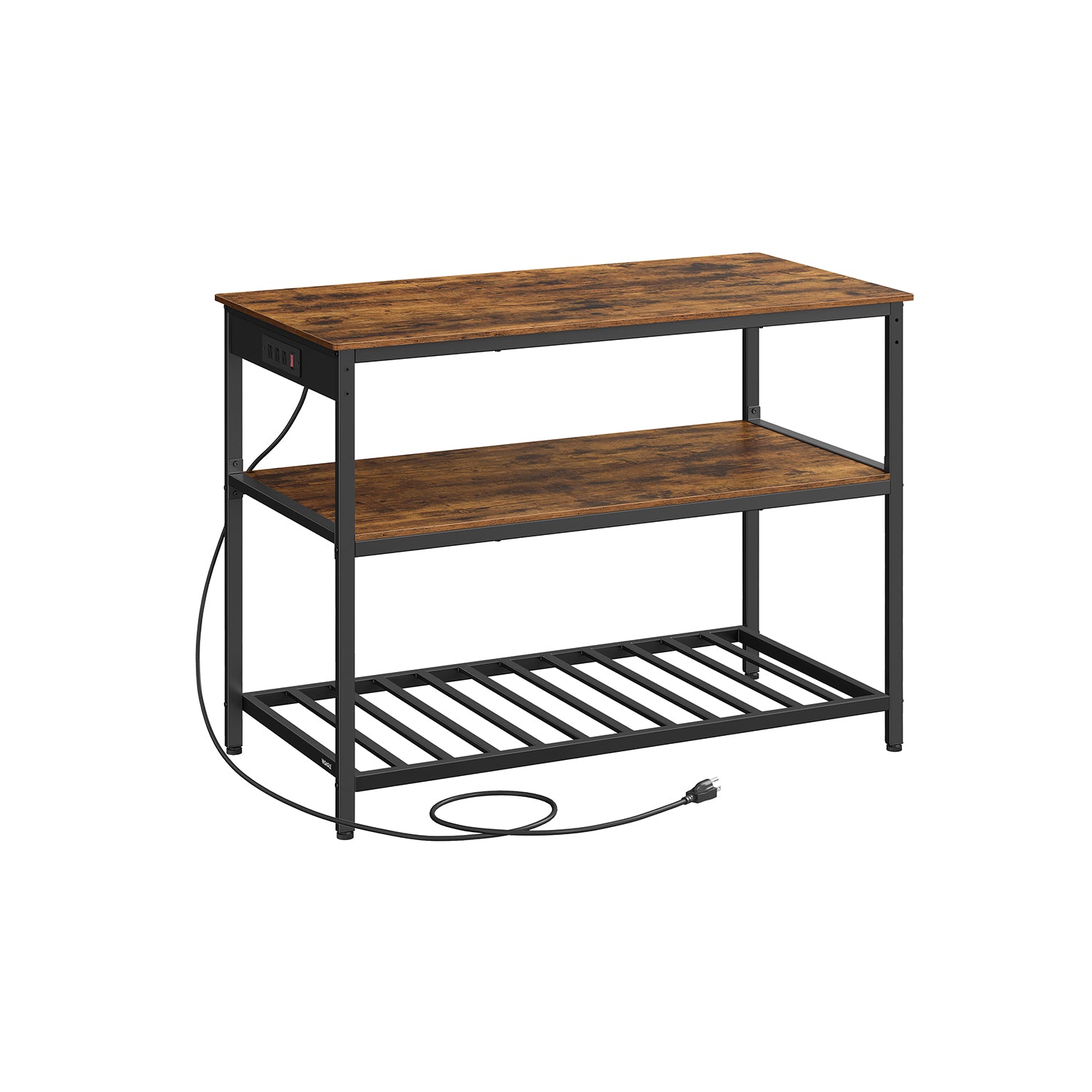 Kitchen Island with 3 Shelves and Power Strip - Rustic Brown, Black