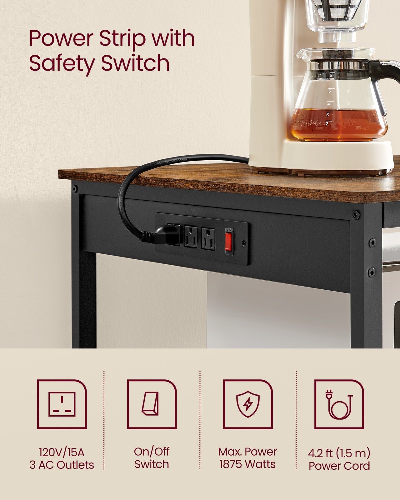 Kitchen Island with 3 Shelves and Power Strip - Rustic Brown, Black