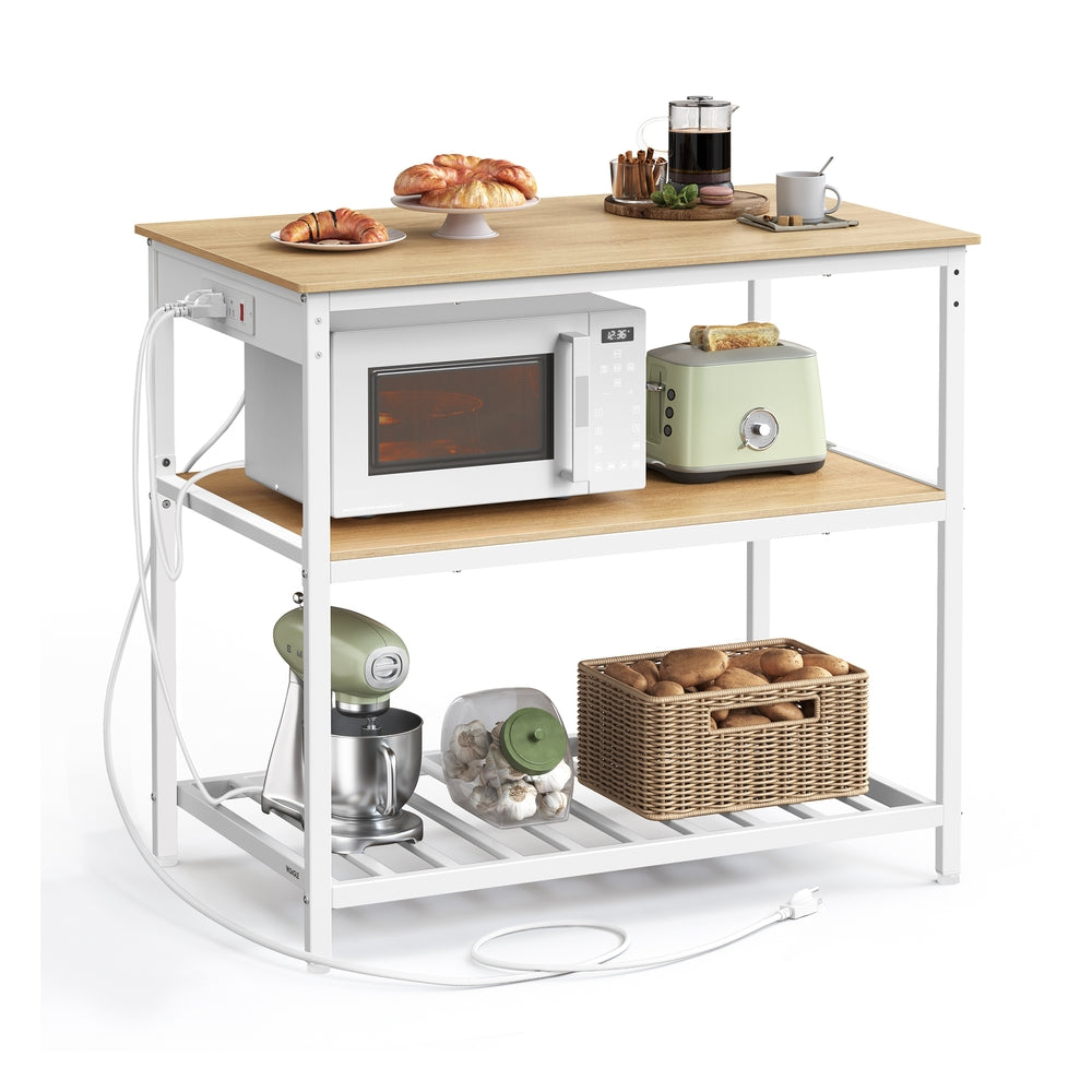 Kitchen Island with 3 Shelves and Power Strip - Golden Oak, White - 23.6”D x 39.4”W x 34.9”H