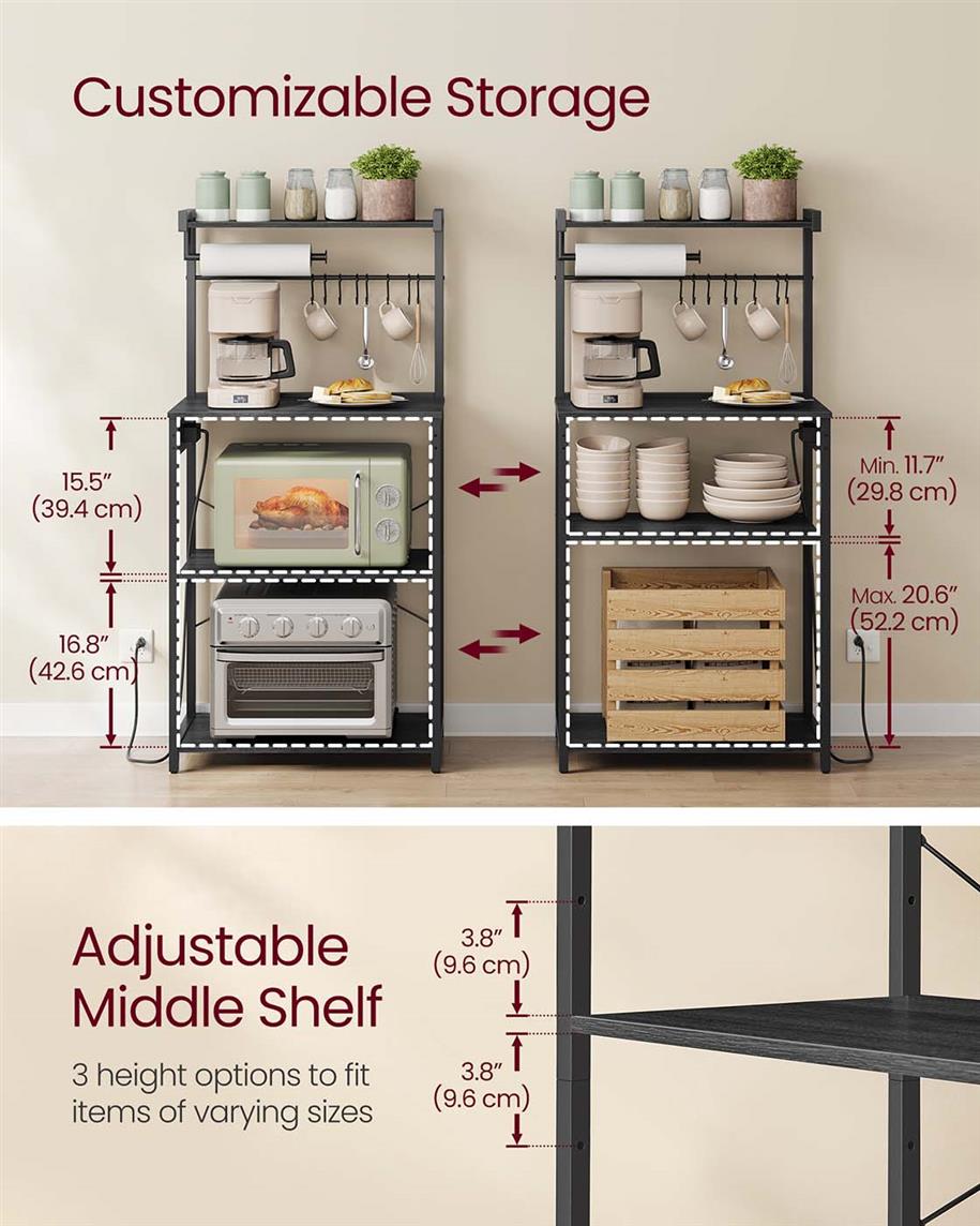 Kitchen Bakers Rack with Power Outlet - Charcoal Gray, Ink Black