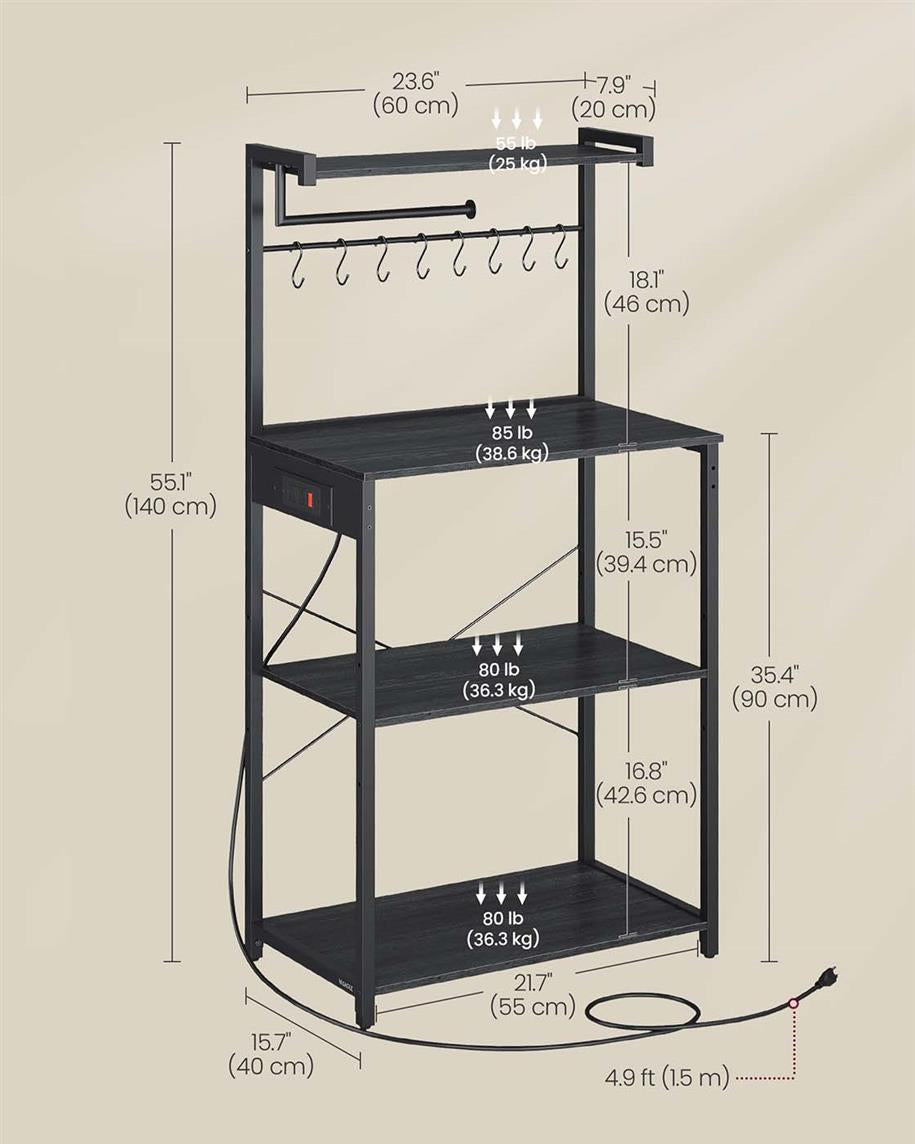 Kitchen Bakers Rack with Power Outlet - Charcoal Gray, Ink Black