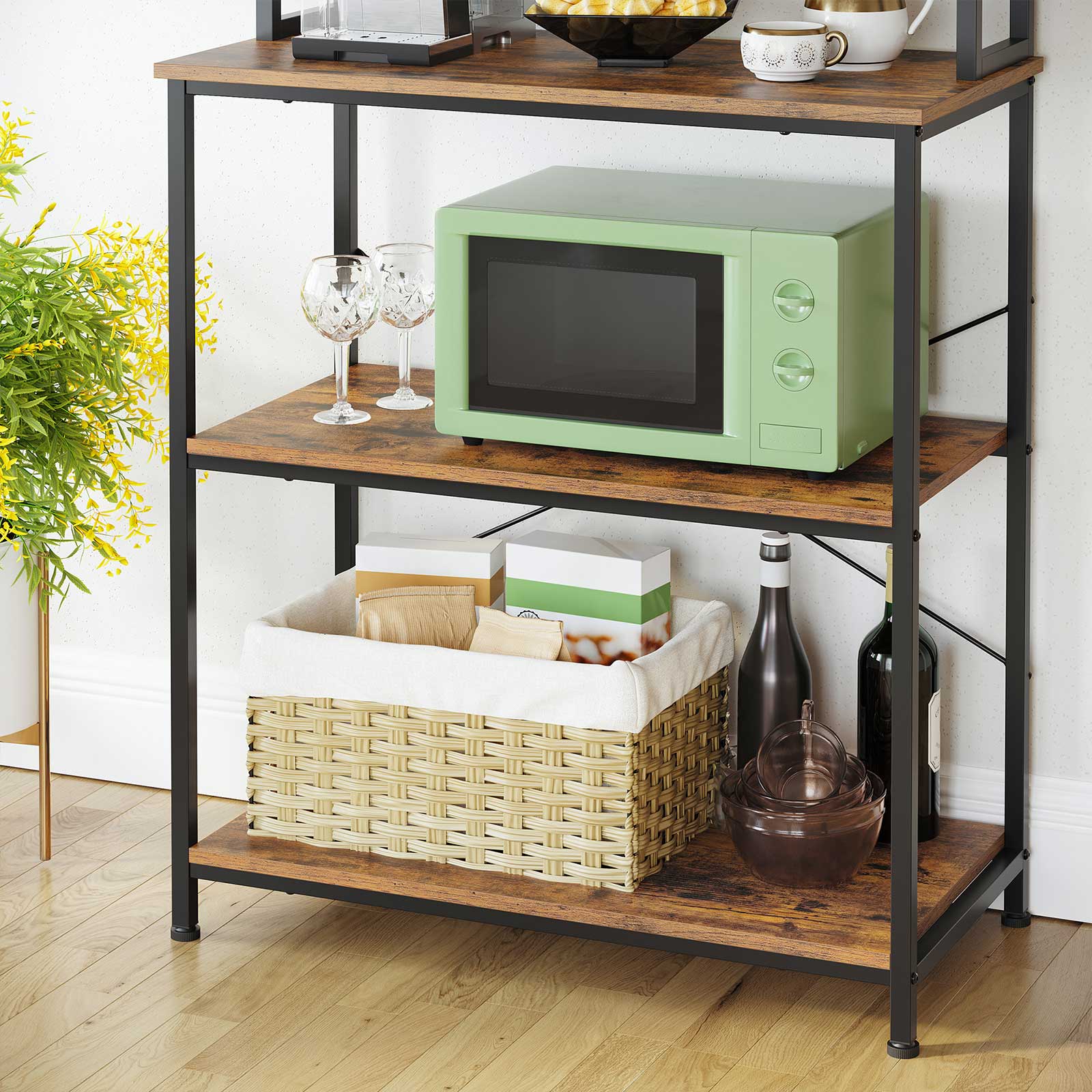 31.5 Inches Baker's Rack for Kitchen with Storage - Rustic Brown, Black