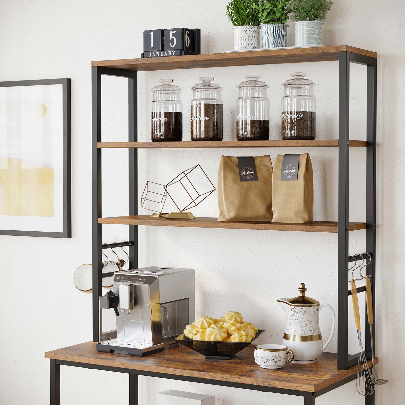31.5 Inches Baker's Rack for Kitchen with Storage - Rustic Brown, Black