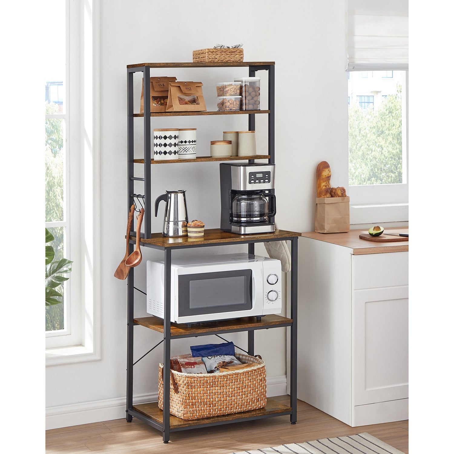Baker’s Rack for Kitchen with Storage - Rustic Brown, Black