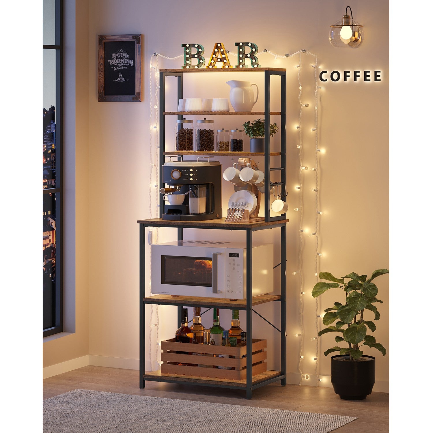 Baker’s Rack for Kitchen with Storage - Rustic Brown, Black