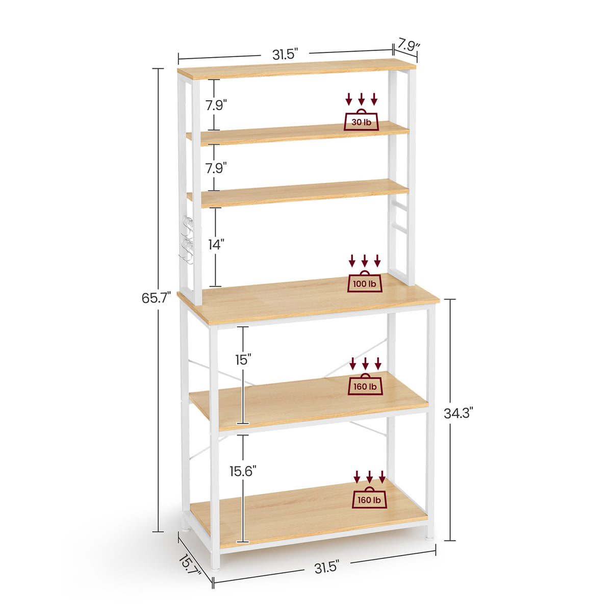 Baker's Rack for Kitchen - With Storage - 6 Hooks