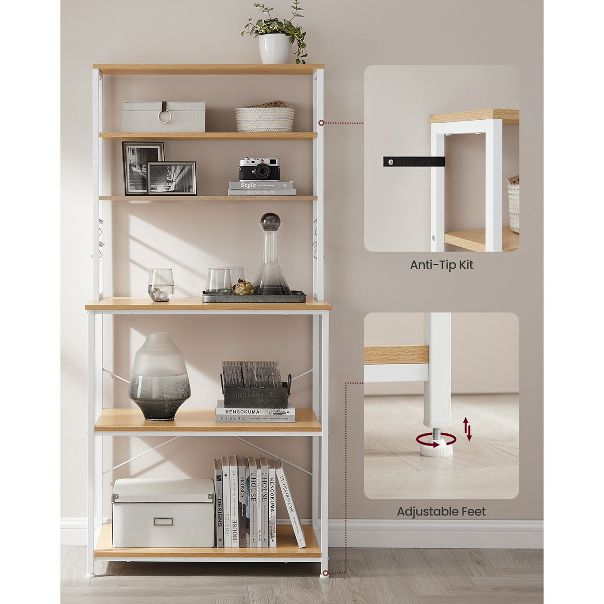 Baker's Rack for Kitchen - With Storage - 6 Hooks