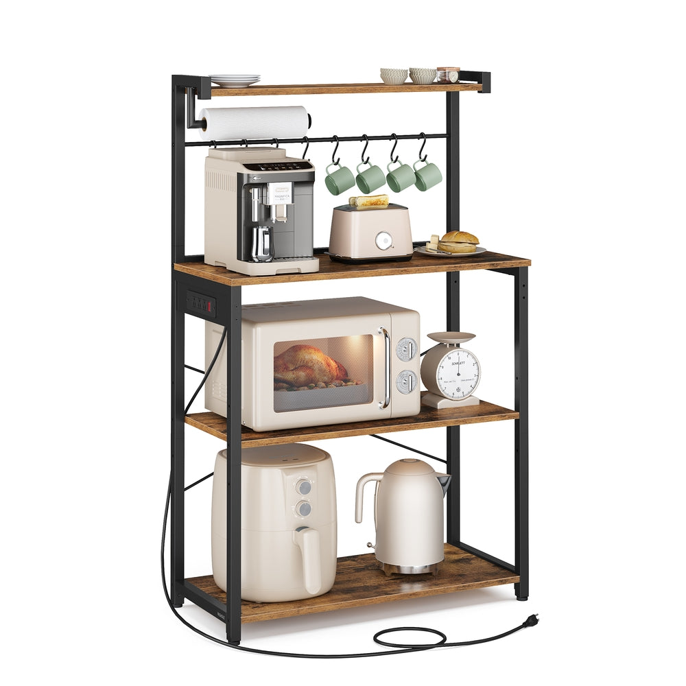 BARNET Collection - Kitchen Bakers Rack with Power Outlet - Rustic Brown, Ink Black