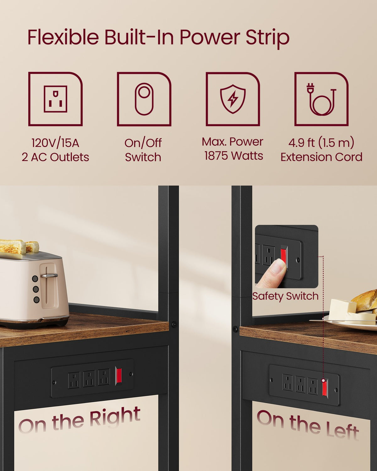 BARNET Collection - Kitchen Bakers Rack with Power Outlet