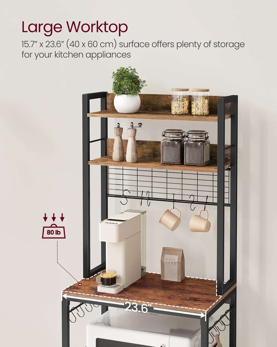 Hutch Bakers Rack with Power Outlet - Rustic Brown, Black