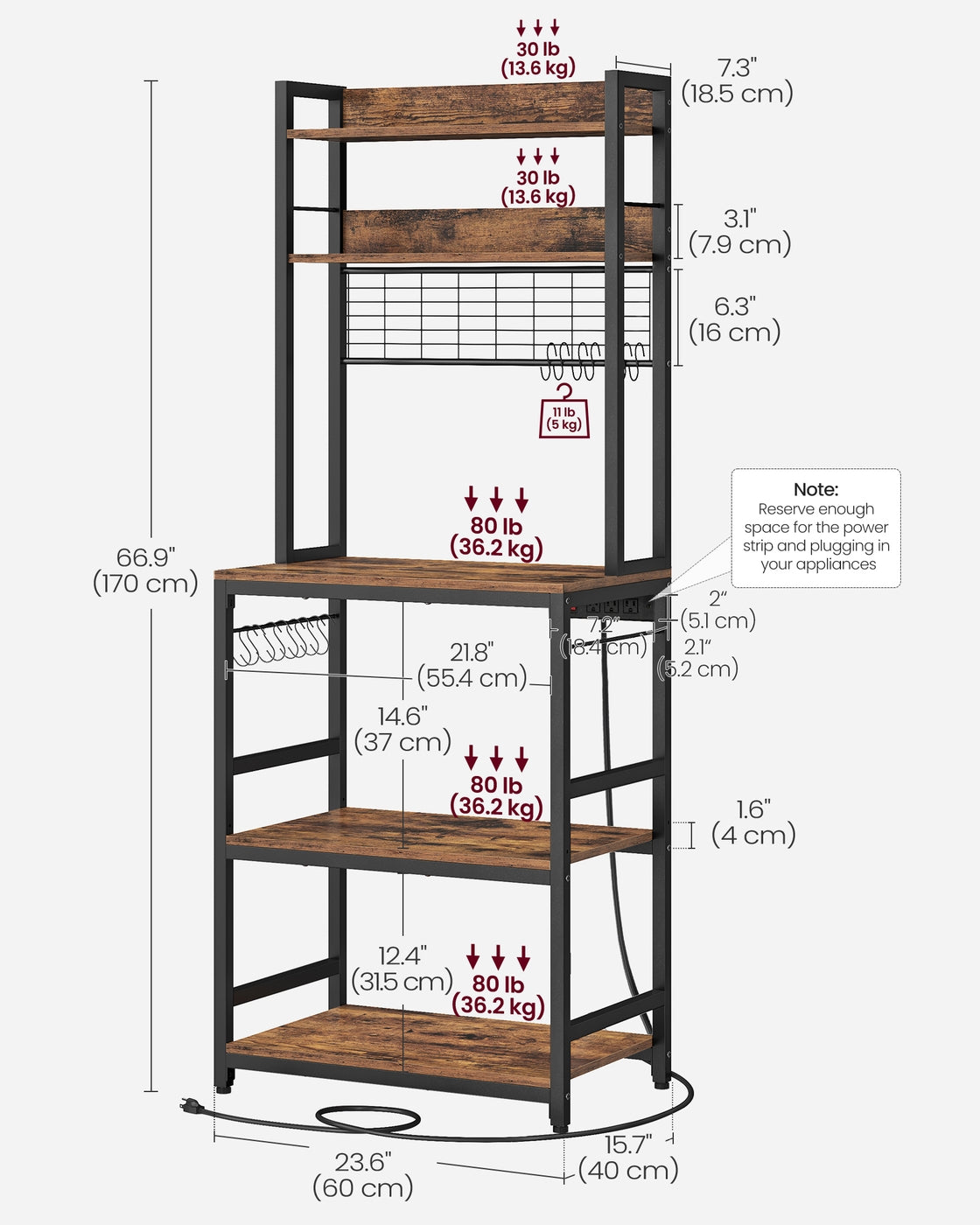 Hutch Bakers Rack with Power Outlet - Rustic Brown, Black